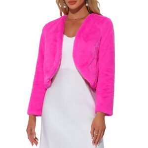 Cropped Jacket Faux Fur Long Sleeve Open Front Bolero Winter Coat Hot Pink